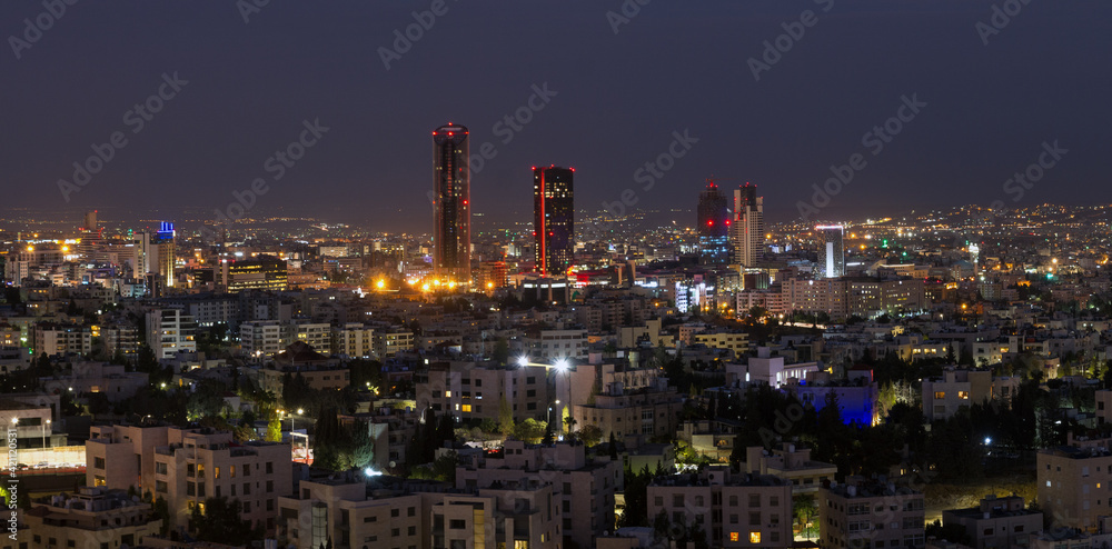 Panoramic night shot of the new downtown of Amman city the capital of Jordan