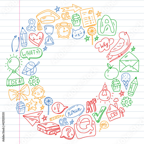 Back to school. Vector illustration with icons about education. English learning. Online internet courses.