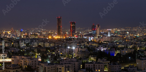 Panoramic night shot of the new downtown of Amman city the capital of Jordan