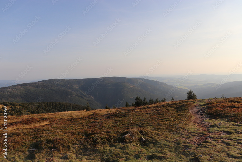 A view to the hilly landscape from the peak of the mountain Kralicky Sneznik, Czech republic