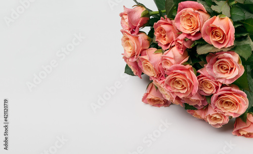 Greeting card with Bouquet of rose flowers on white background with copy space