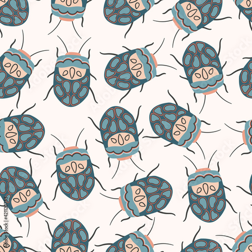 Vector seamless pattern with Sphaerocoris annulus. Cute doodle Picasso Bug. Stylized insect illustration.