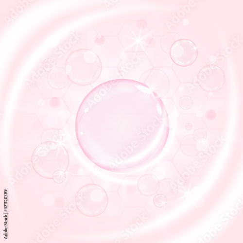 Pink collagen bubble, shiny oil vitamin capsule. Realistic water serum droplet design template for advertisement. Vector illustration of rose serum beauty emulsion or hyaluronic acid skin moisturizer