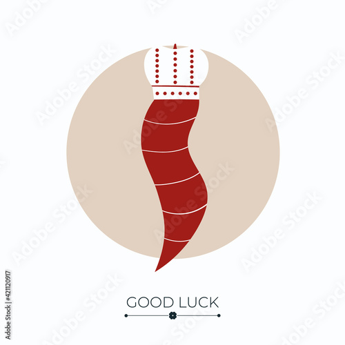 Cornicello fortune and success charm, talisman or amulet with good luck words. Horn, symbol of luck, fortune, wealth and prosperity. Vector illustration isolated on white background
