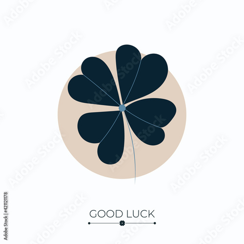 Clover fortune and success charm, talisman or amulet with good luck words. Four leaf shamrock, symbol of luck, fortune, wealth and prosperity. Vector illustration isolated on white background