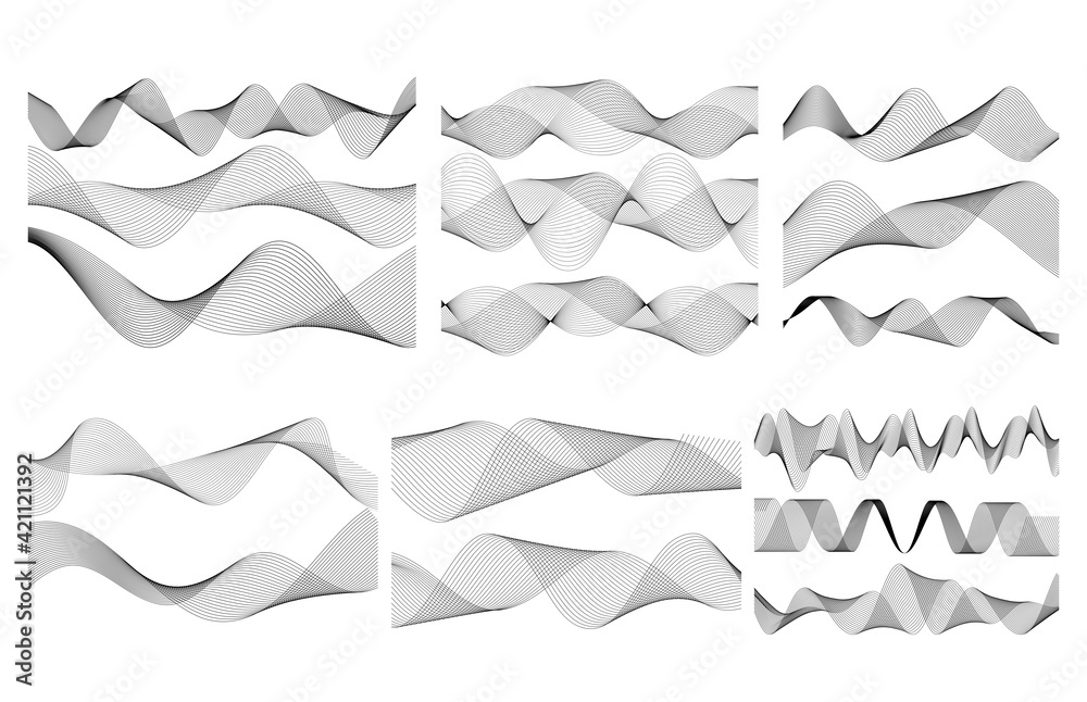 Design elements. Wave of many gray lines. Abstract wavy stripes on white background isolated. Creative line art. Vector illustration EPS 10. Colourful shiny waves with lines created using Blend Tool. Design elements. Wave of many gray lines. Abstract wavy stripes on white background isolated. Creative line art. Vector illustration EPS 10. Colourful shiny waves with lines created using Blend Tool.