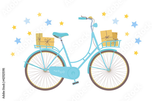 Cute summer city bicycle. Vintage mint bicycle with post parcels isolated on white background with stars. Sweet cartoon flat style design vector illustration. Urban feminine ride frame.