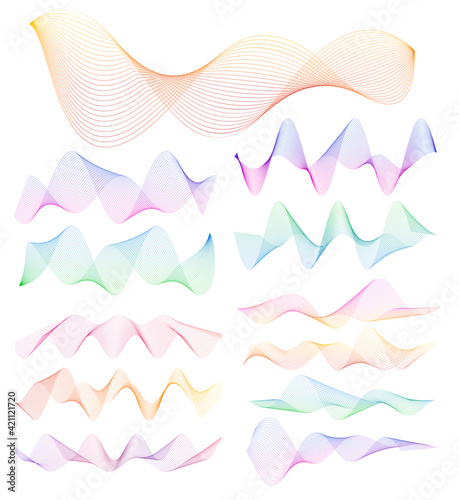 Design elements. Wave of many gray lines. Abstract wavy stripes on white background isolated. Creative line art. Vector illustration EPS 10. Colourful shiny waves with lines created using Blend Tool.