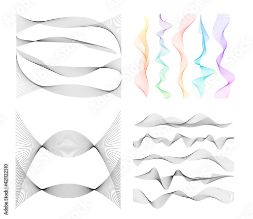 Design elements. Wave of many gray lines. Abstract wavy stripes on white background isolated. Creative line art. Vector illustration EPS 10. Colourful shiny waves with lines created using Blend Tool.