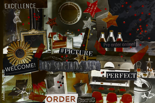 Handmade contemporary creative atmosphere art mood board collage sheet in color Ultimate Gray and Illuminating yellow made of teared magazine and printed matter paper with colors and texture.