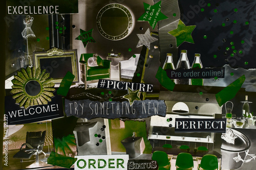 Handmade contemporary creative atmosphere art mood board collage sheet in color Ultimate Gray and Illuminating yellow made of teared magazine and printed matter paper with colors and texture.