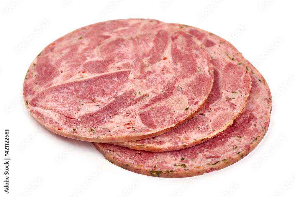 Ham sausage slices, isolated on white background. High resolution image Ham sausage slices, isolated on white background. High resolution image