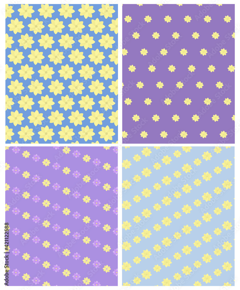 Vector set of patterns with blossom flowers. Summer and spring. For printing on textiles, wallpaper, covers, web, wrapping paper, banners, poster, wedding invitations, fashion, fabric. Vector set of patterns with blossom flowers. Summer and spring. For printing on textiles, wallpaper, covers, web, wrapping paper, banners, poster, wedding invitations, fashion, fabric.