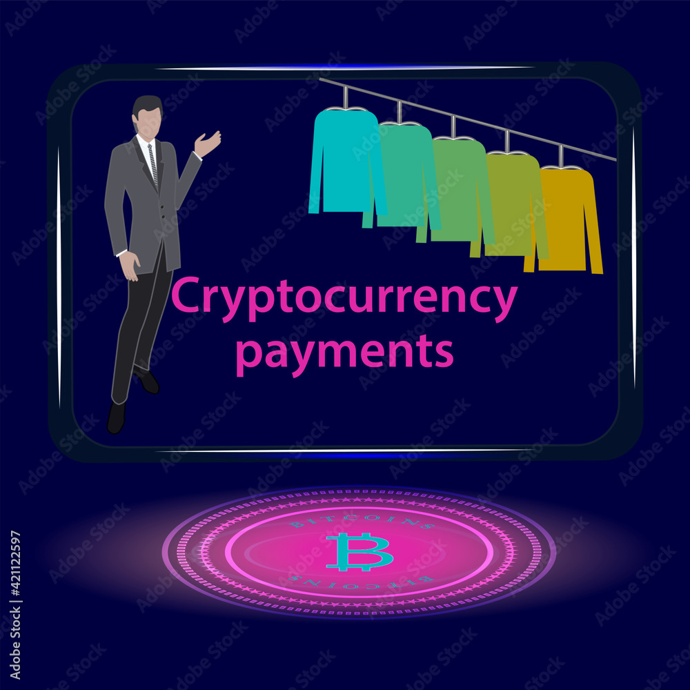 Cryptocurrency payments - tablet, male dummy, showcase of a clothing store, bitcoin symbol - illustration, art, vector. Online shopping.