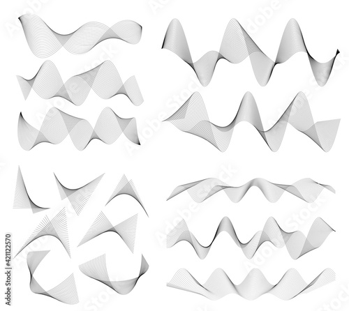 Design elements. Wave of many gray lines. Abstract wavy stripes on white background isolated. Creative line art. Vector illustration EPS 10. Colourful shiny waves with lines created using Blend Tool.