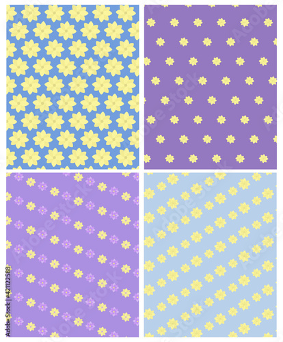 Vector set of patterns with blossom flowers. Summer and spring. For printing on textiles, wallpaper, covers, web, wrapping paper, banners, poster, wedding invitations, fashion, fabric.