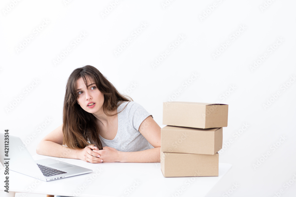 The girl places an order for the delivery of parcels, the concept of online delivery. The girl places an order for the delivery of parcels, the concept of online delivery.