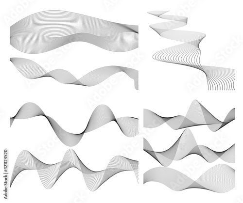 Design elements. Wave of many gray lines. Abstract wavy stripes on white background isolated. Creative line art. Vector illustration EPS 10. Colourful shiny waves with lines created using Blend Tool.