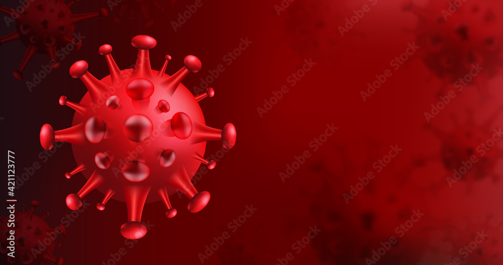 Coronavirus flu background. Danger public health risk disease. Influenza outbreak. The pandemic concept with realistic virus cells. Abstract vector visualization of COVID-19 virus cells in red.