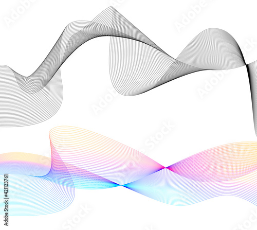 Design elements. Wave of many gray lines. Abstract wavy stripes on white background isolated. Creative line art. Vector illustration EPS 10. Colourful shiny waves with lines created using Blend Tool.