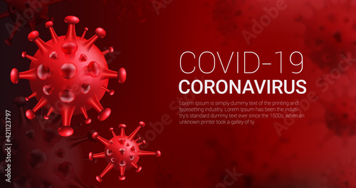Coronavirus flu background. Danger public health risk disease. Influenza outbreak. The pandemic concept with realistic virus cells. Abstract vector visualization of COVID-19 virus cells in red.