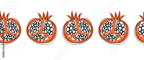 Seamless Pomegranate fruit vector border. Repeating horizontal pattern doodle pomegranates black white orange. Use for fabric trim, kitchen decor, packaging, footer, duct tape, wall decals, banners