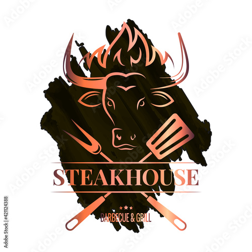 steak watercolor logo with bull head on dark