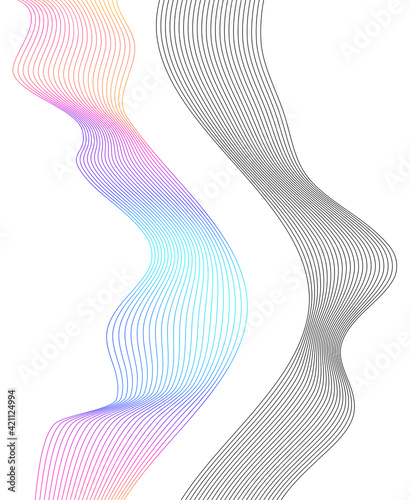 Design elements. Wave of many gray lines. Abstract wavy stripes on white background isolated. Creative line art. Vector illustration EPS 10. Colourful shiny waves with lines created using Blend Tool.