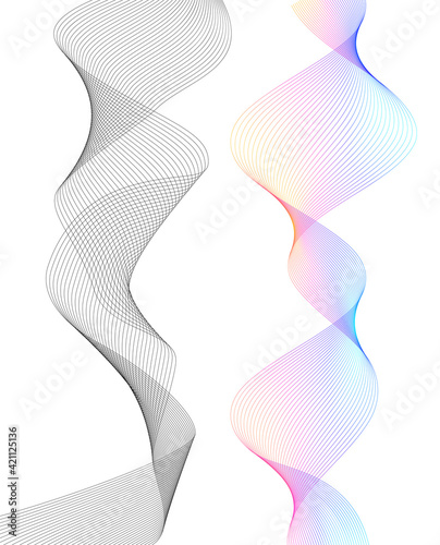 Design elements. Wave of many gray lines. Abstract wavy stripes on white background isolated. Creative line art. Vector illustration EPS 10. Colourful shiny waves with lines created using Blend Tool.