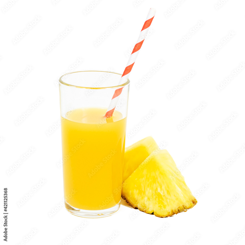 Fototapeta premium Fresh homemade pineapple juice in a glass with slices and a straw isolated on white background.