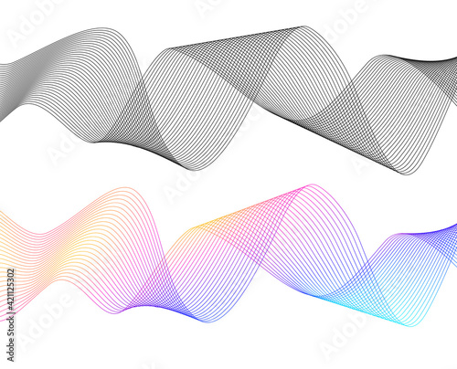 Design elements. Wave of many gray lines. Abstract wavy stripes on white background isolated. Creative line art. Vector illustration EPS 10. Colourful shiny waves with lines created using Blend Tool.