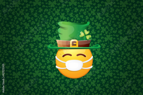 Vector Emoji sticker with mouth medical protection mask and saint Patricks green hat isolated on green horizontal background. Yellow st. Patricks smile face character with hat and white surgeon mask.