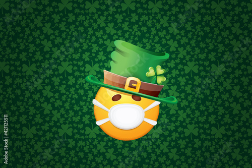 Vector Emoji sticker with mouth medical protection mask and saint Patricks green hat isolated on green horizontal background. Yellow st. Patricks smile face character with hat and white surgeon mask.