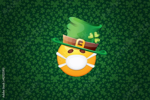 Vector Emoji sticker with mouth medical protection mask and saint Patricks green hat isolated on green horizontal background. Yellow st. Patricks smile face character with hat and white surgeon mask.