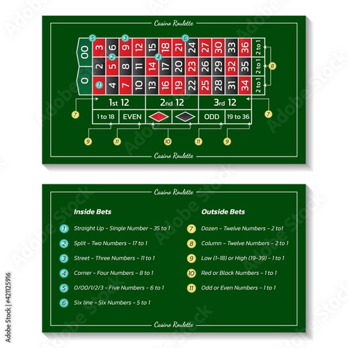Casino european roulette rules with series and bets. Infographics of playing and payout of game. Vector illustration on green background.