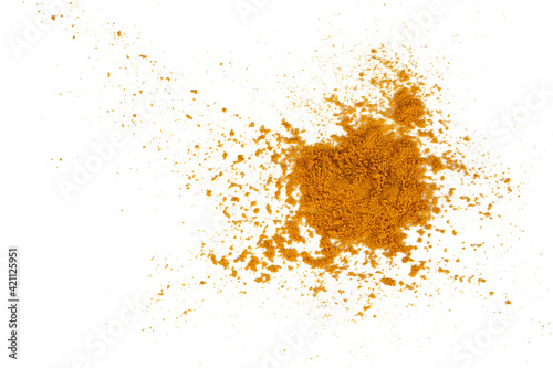 Turmeric powder spice pile isolated on white background. Top view.