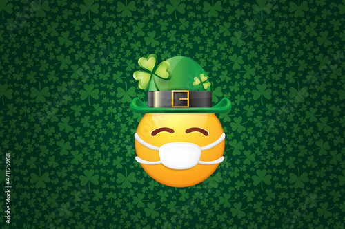 Vector Emoji sticker with mouth medical protection mask and saint Patricks green hat isolated on green horizontal background. Yellow st. Patricks smile face character with hat and white surgeon mask.