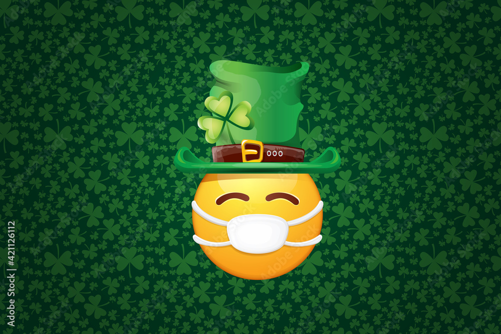 Fototapeta premium Vector Emoji sticker with mouth medical protection mask and saint Patricks green hat isolated on green horizontal background. Yellow st. Patricks smile face character with hat and white surgeon mask.