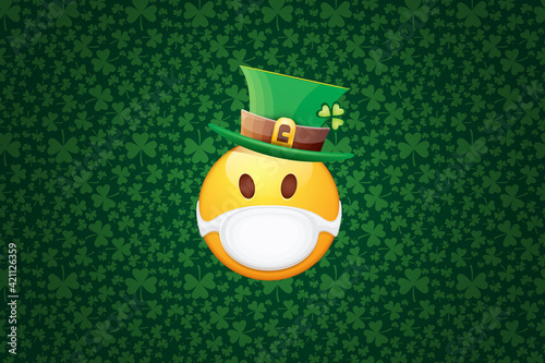 Vector Emoji sticker with mouth medical protection mask and saint Patricks green hat isolated on green horizontal background. Yellow st. Patricks smile face character with hat and white surgeon mask.