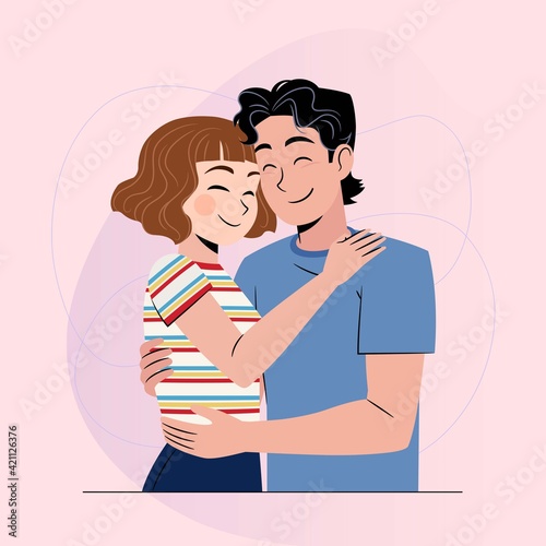 Abrazo cariñoso entre dos personajes con fondo abstracto.
