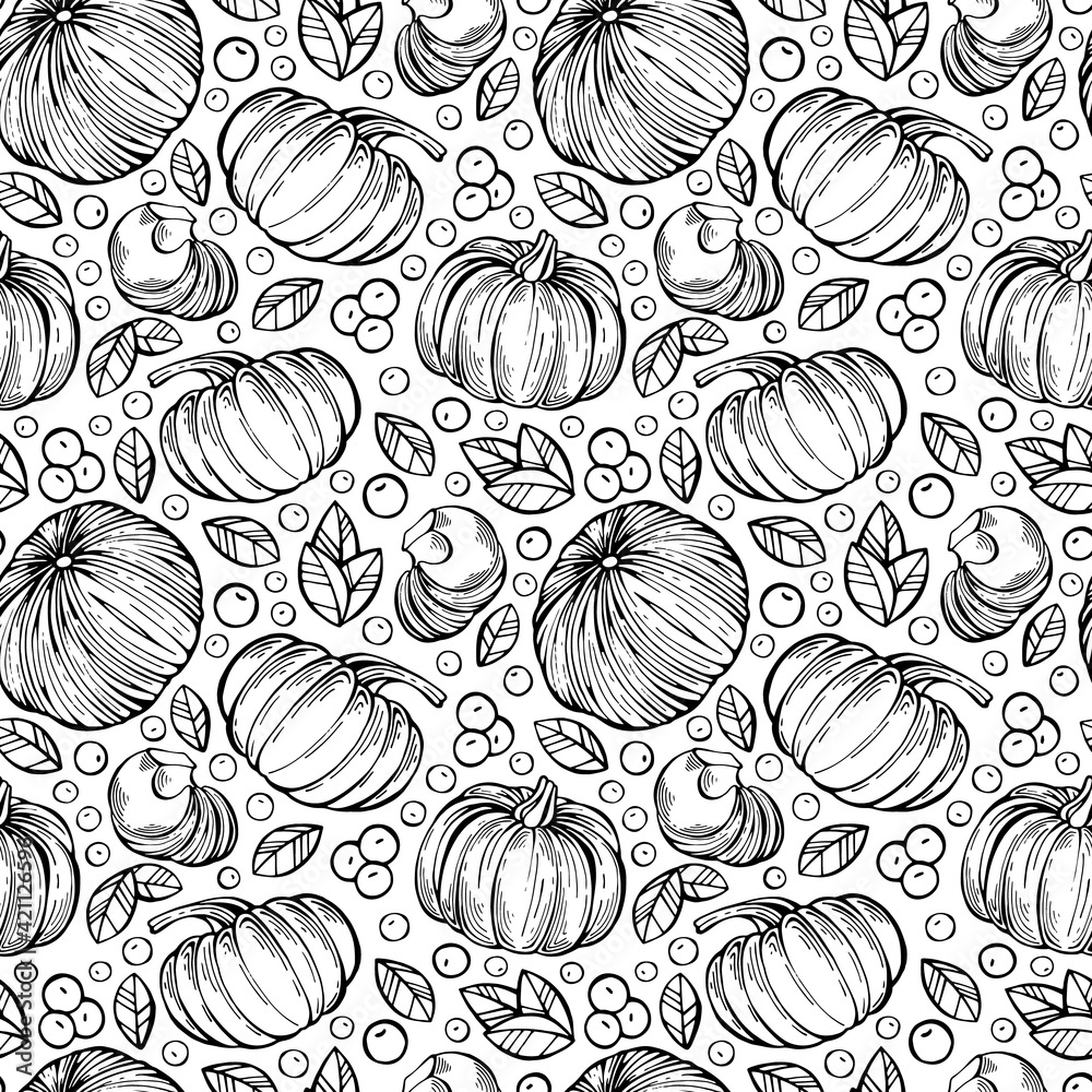 Hand-drawn black and white seamless pattern with berries, leaves and pumpkins. Can be used for gift paper, textile, autumn greeting cards, wallpaper, pattern fill. Vector illustration Hand-drawn black and white seamless pattern with berries, leaves and pumpkins. Can be used for gift paper, textile, autumn greeting cards, wallpaper, pattern fill. Vector illustration
