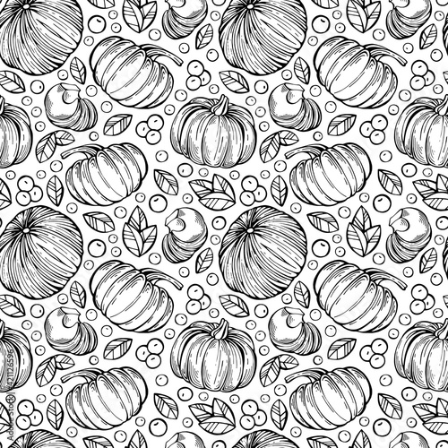 Hand-drawn black and white seamless pattern with berries, leaves and pumpkins. Can be used for gift paper, textile, autumn greeting cards, wallpaper, pattern fill. Vector illustration