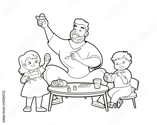 Coloring book: Children with dad paint Easter eggs for Easter. Happy family, Father's Day. Vector illustration in cartoon style, black and white line art