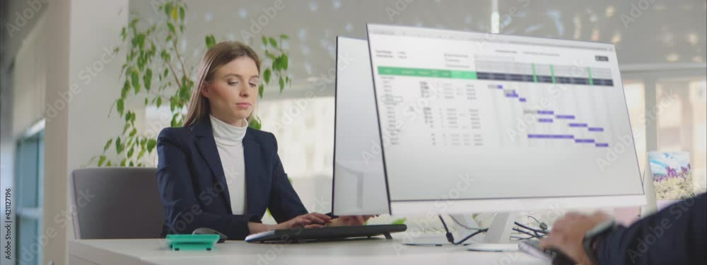 Project manager working on Gantt chart schedule to create planning with tasks and milestones to plan activities. Person working with management tools on computer in office.