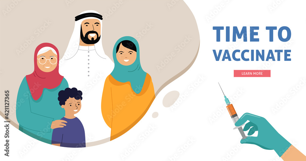 Muslim Family Vaccination concept design. Time to vaccinate banner - syringe with vaccine for COVID-19, flu or influenza and a family