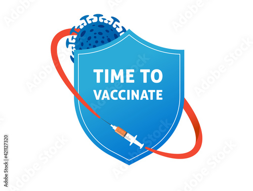  Shield, protection from coronavirus, vaccination concept design. banner design - syringe with vaccine for COVID-19, flu or influenza and a family
