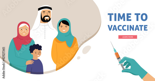 Muslim Family Vaccination concept design. Time to vaccinate banner - syringe with vaccine for COVID-19, flu or influenza and a family