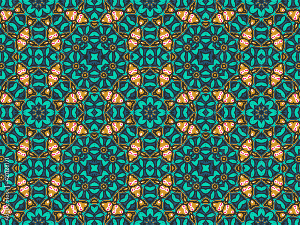 Wallpaper Geometric Seamless Ornament Abstract Pattern Green, Black, Blue, and Gold Yellow with Red Dots For print and Background. Geometric Tile Digital Paper.
