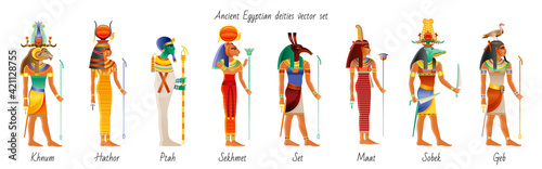 Ancient god goddess from Egypt icon set. Khnum, Hathor, Ptah, Sekhmet, Set, Maat, Sobek, Geb. Egyptian deity. Old painting style with realistic cartoon element. Vector illustration isolated on white