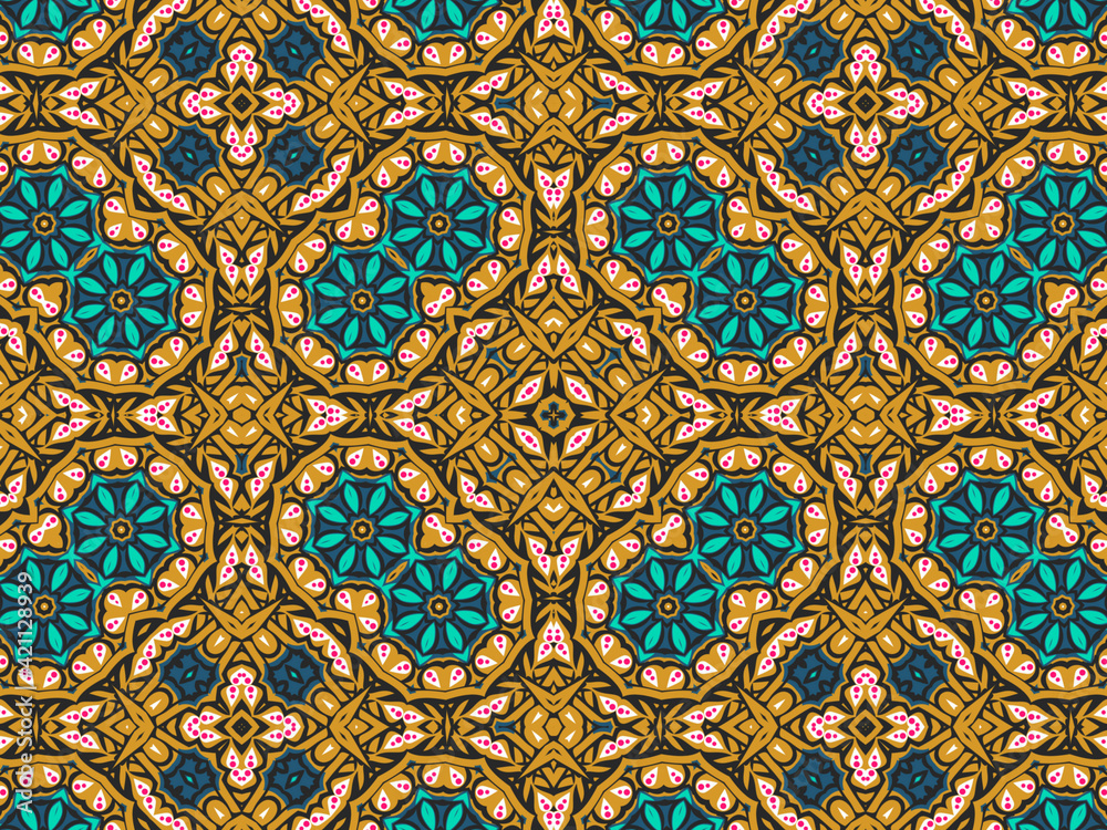 Wallpaper Geometric Seamless Ornament Abstract Pattern Green, Black, Blue, and Gold Yellow with Red Dots For print and Background. Geometric Tile Digital Paper. Wallpaper Geometric Seamless Ornament Abstract Pattern Green, Black, Blue, and Gold Yellow with Red Dots For print and Background. Geometric Tile Digital Paper.
